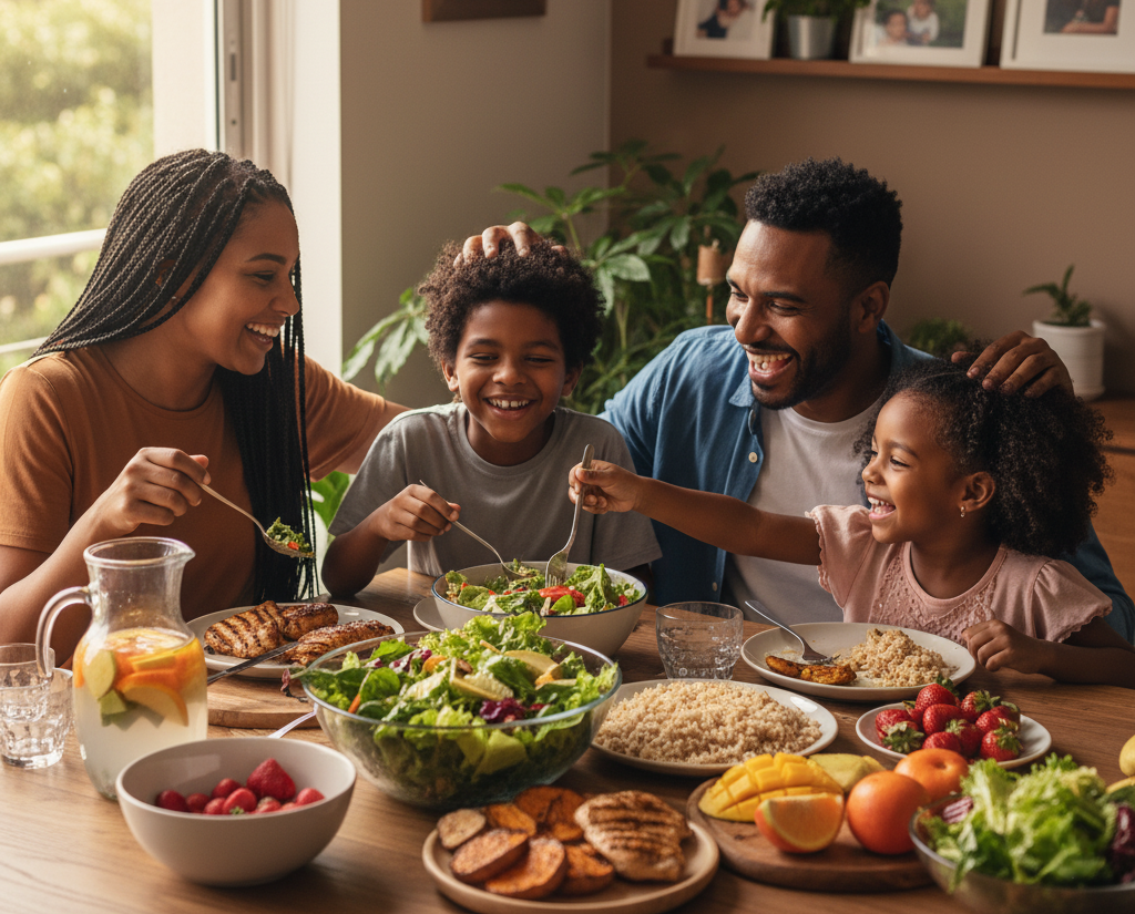 Família feliz na mesa